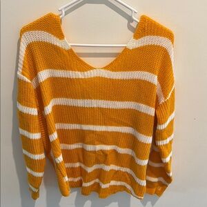 SHEIN Orange and White V-Neck Striped Sweater